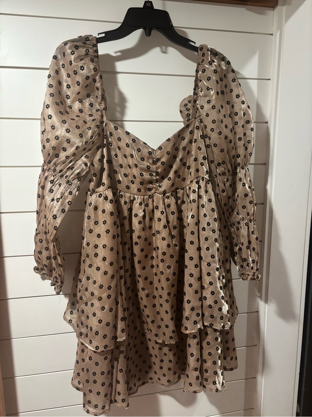 Lily's Tan Floral Smocked Mini Dress with Black Print